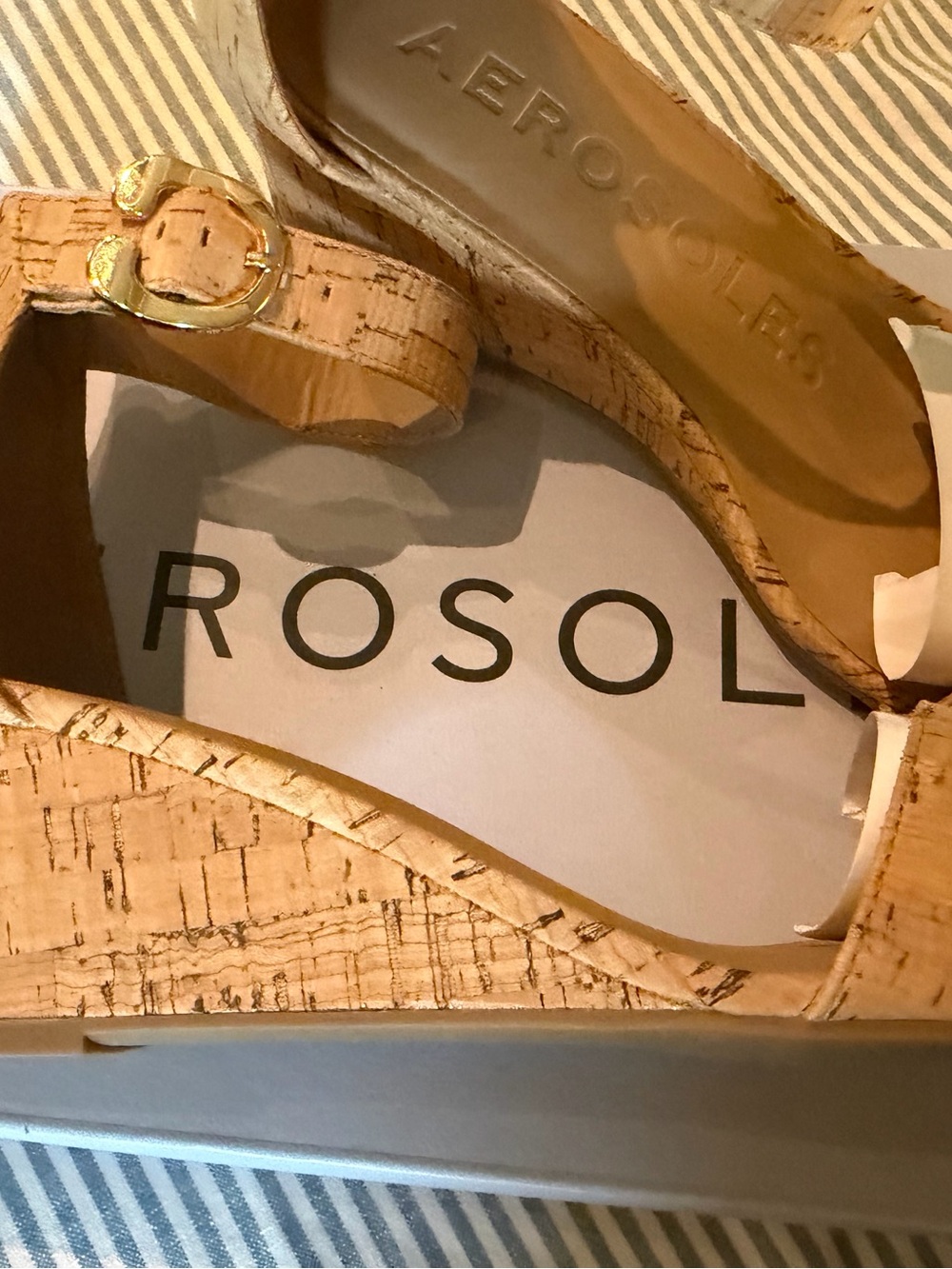 AEROSOLES Beige Cork Wedge Sandals with Gold Buckle